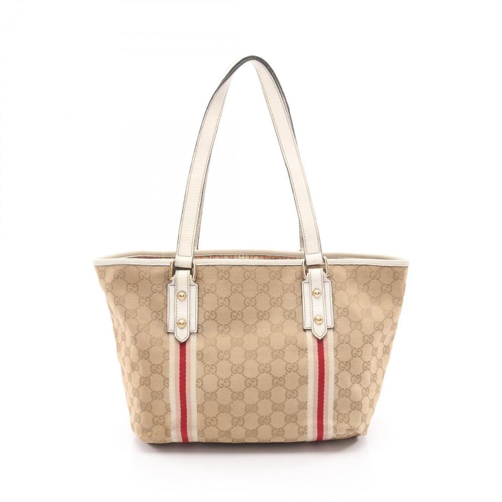 Gucci GG Canvas Sherry Tote Bag Leather Beige Cream White Pink